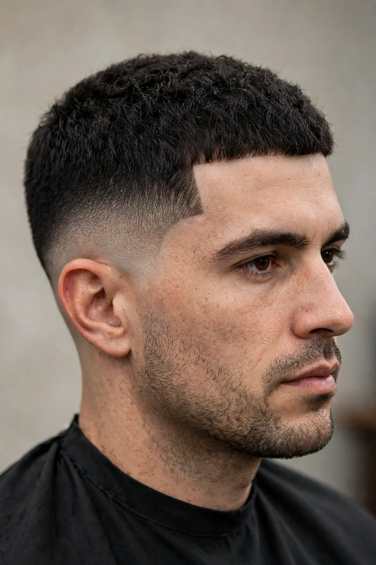 Mid drop fade haircut with sharp line-up along the hairline and temples