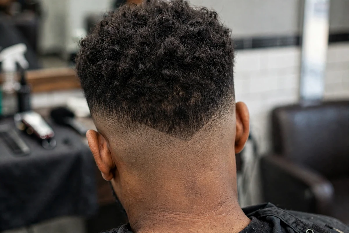 Skin fade v haircut for men with razor-sharp V shaped neckline