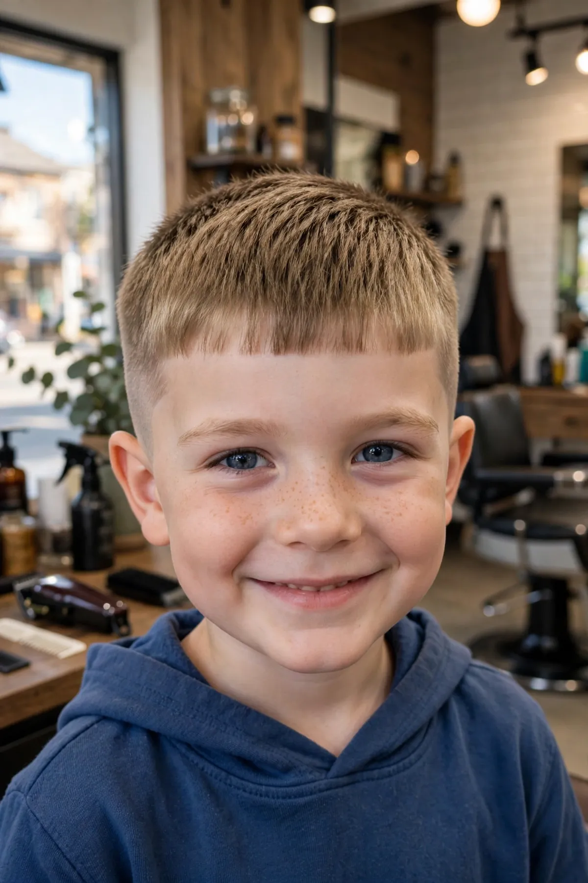Boy with a caesar cut, short horizontal fringe across the forehead with faded sides, a classic kids haircut for boys