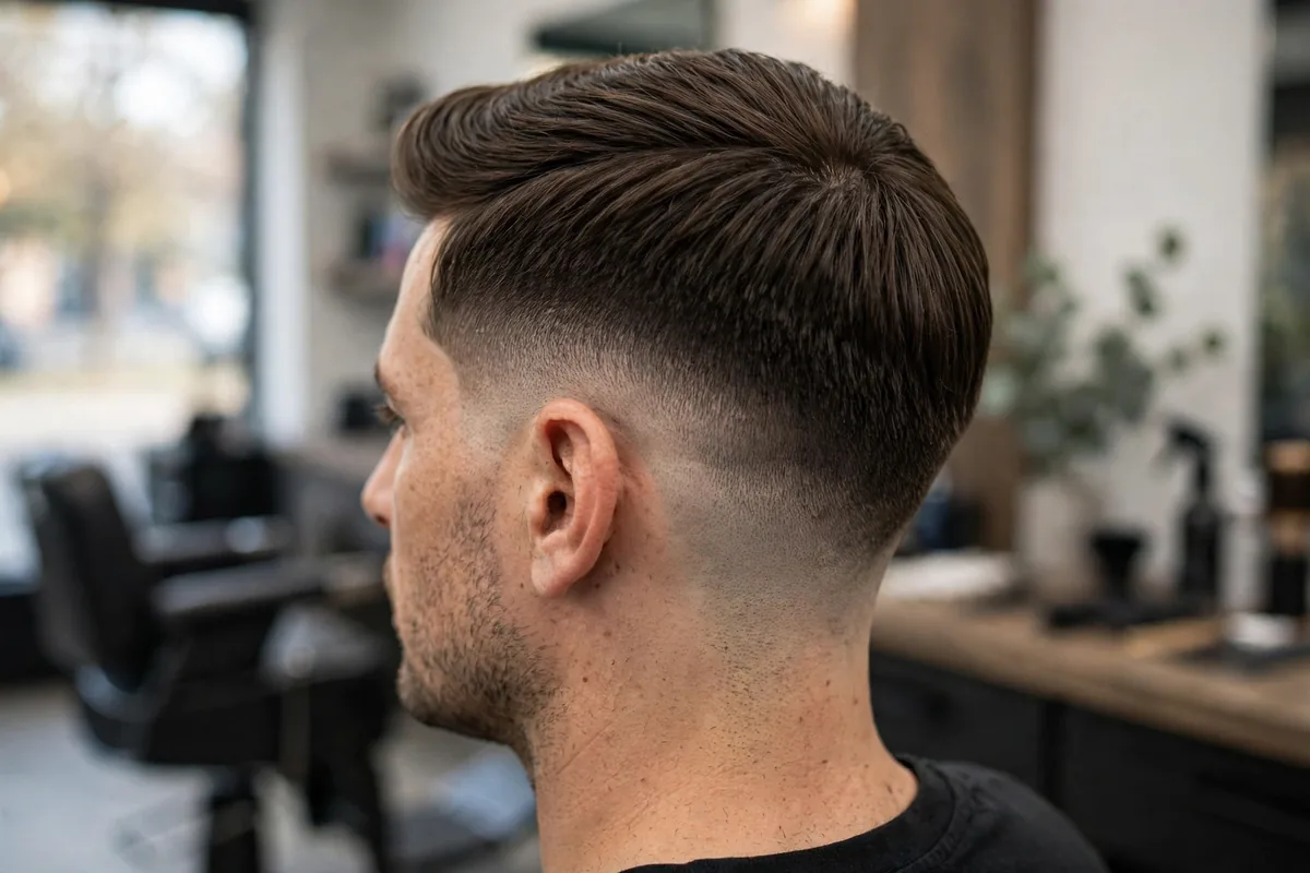 Drop shadow fade haircut curving down behind the ear like an arc, soft stubble shadow following the curve, neat comb-over top