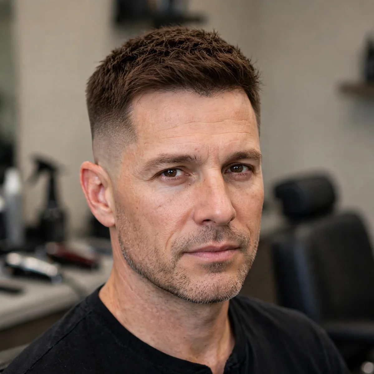Crew cut with a high skin fade, short textured top and sharp faded sides