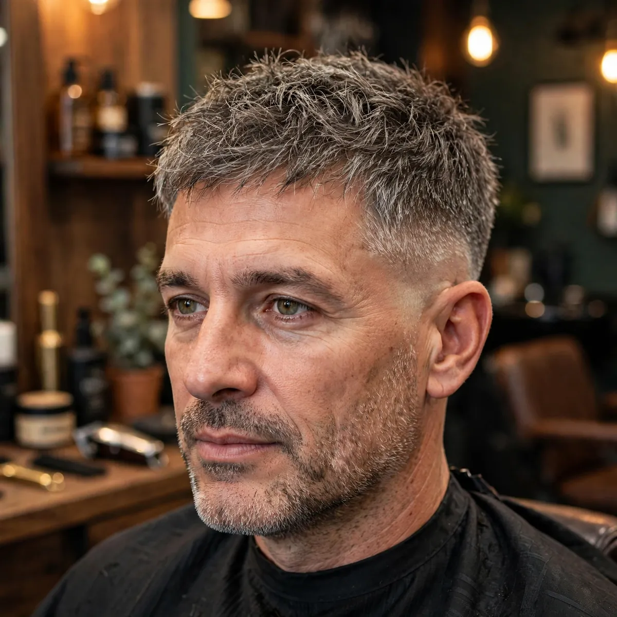 Man in his 50s with short textured crop haircut and low fade, choppy full top