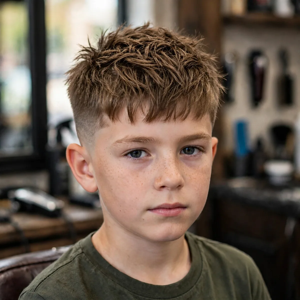Textured crop haircut on a 10 year old boy, a trendy choppy boys haircut