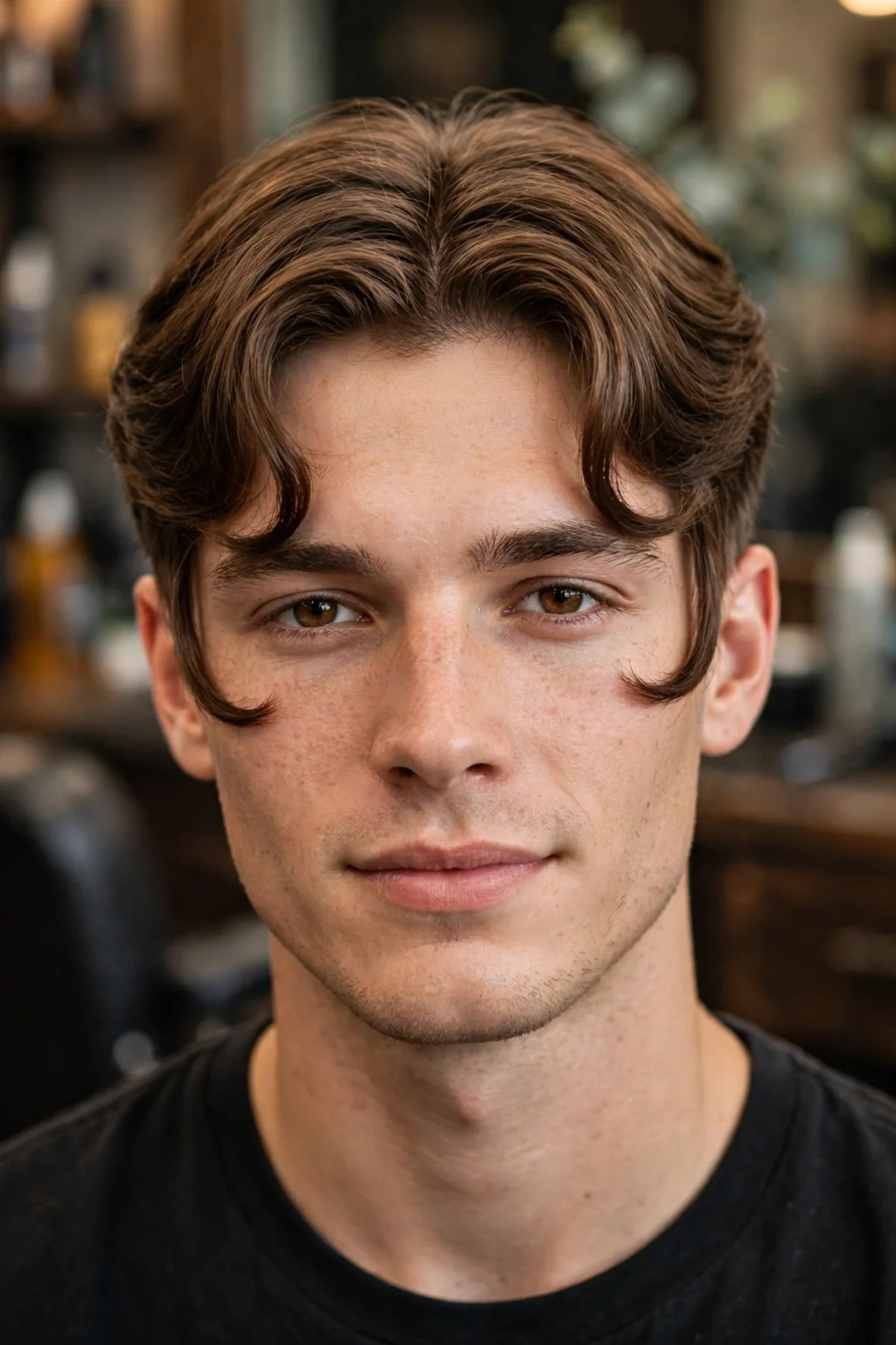 C-curve curtain fringe haircut for men with bangs curving inward toward the cheeks