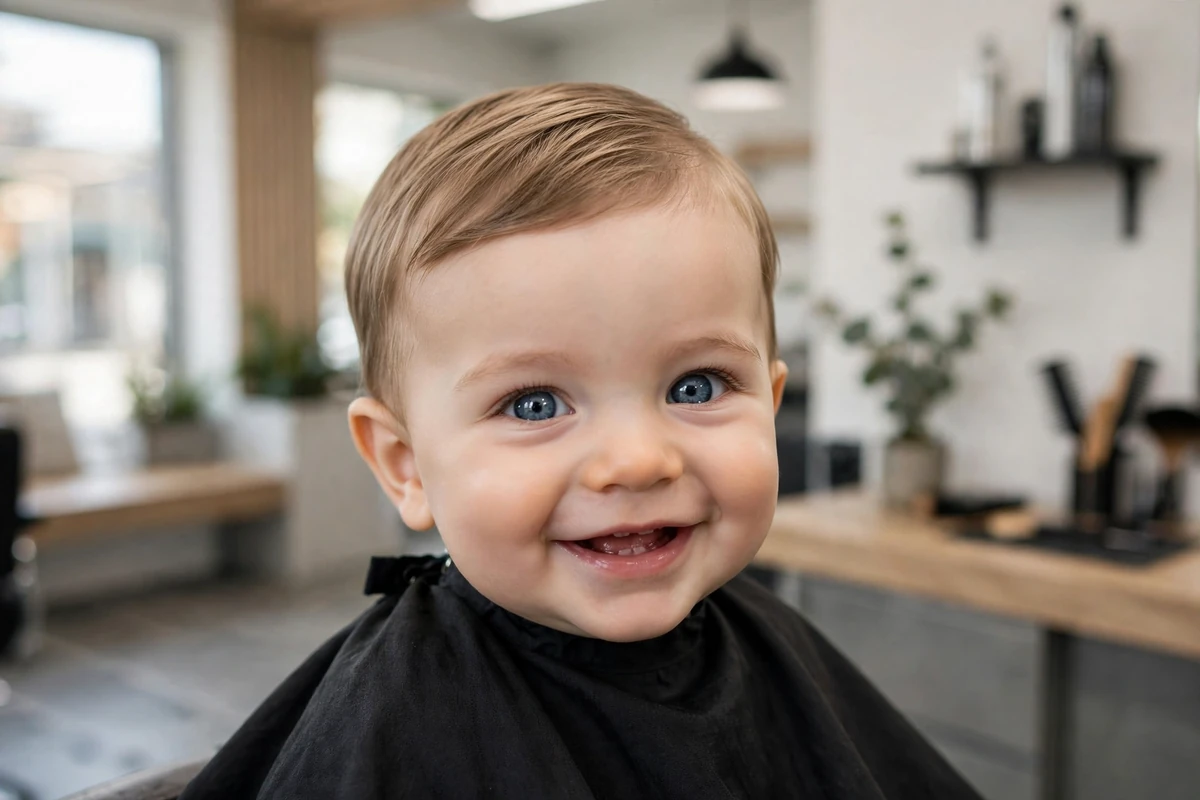Baby boy with a sweet side part haircut, neat baby boy side part hairstyle