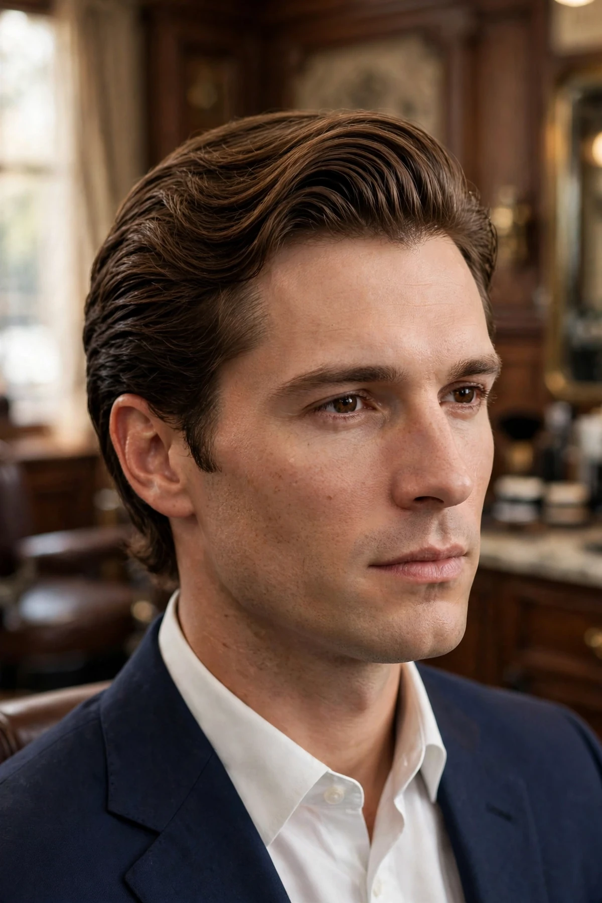 Old-money refined medium length flow haircut, neat side-swept elegant men's style