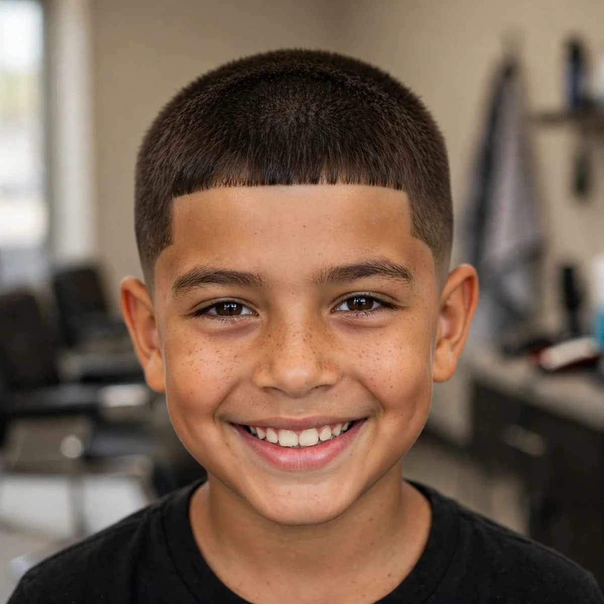 Young boy with a 90s Caesar cut, very short uniform hair with straight fringe across the forehead — 90s boy haircuts
