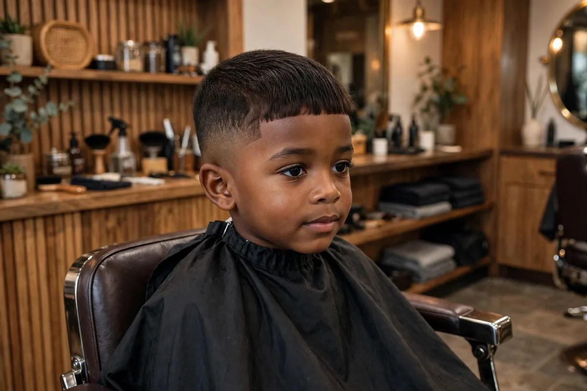 Little boy French crop with low fade, short straight fringe across forehead with faded sides, trendy kids haircut