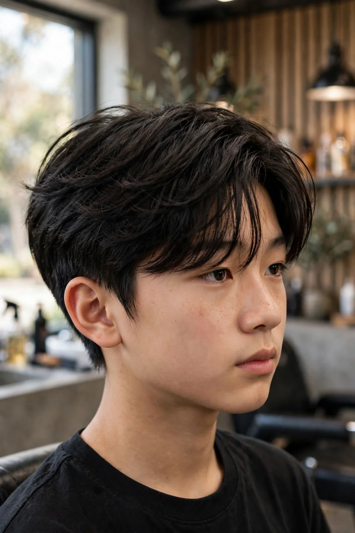 Asian teen boy with side-swept K-drama bangs, longer fringe swept across the forehead, stylish asian boy haircut