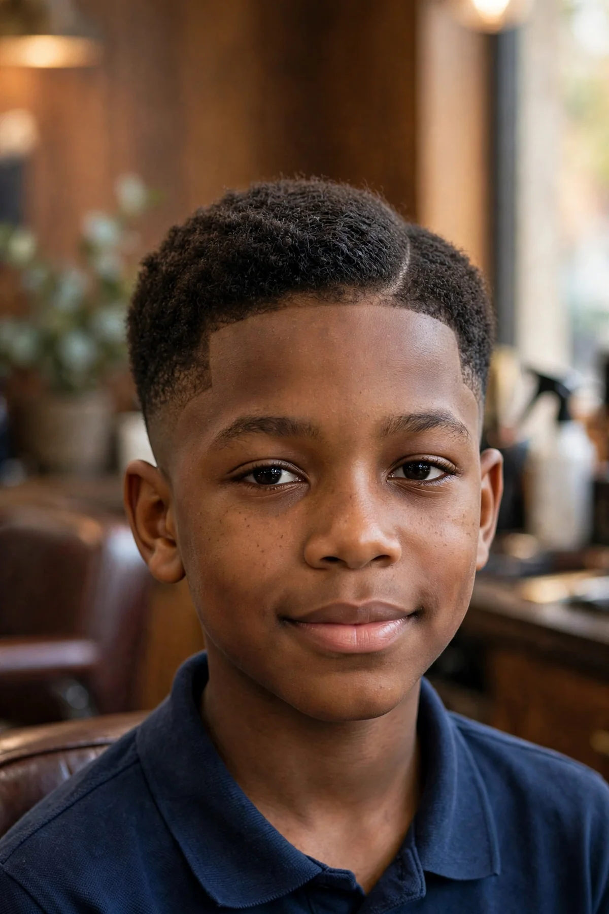 Black boy about 11 years old with a neat side part and short curly top paired with a low taper haircut