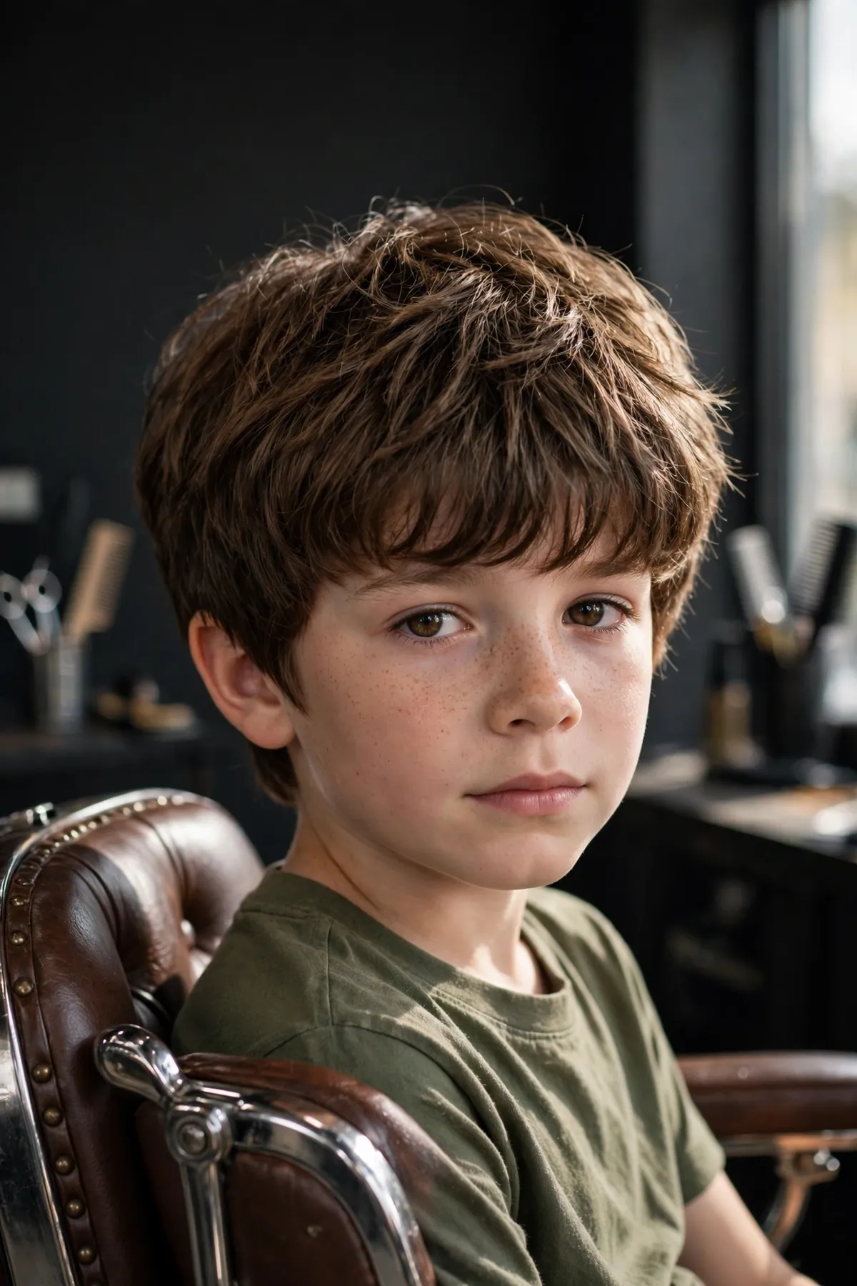 Boy with a shaggy bowl hybrid haircut, rounded top shape with textured shaggy layers and fringe