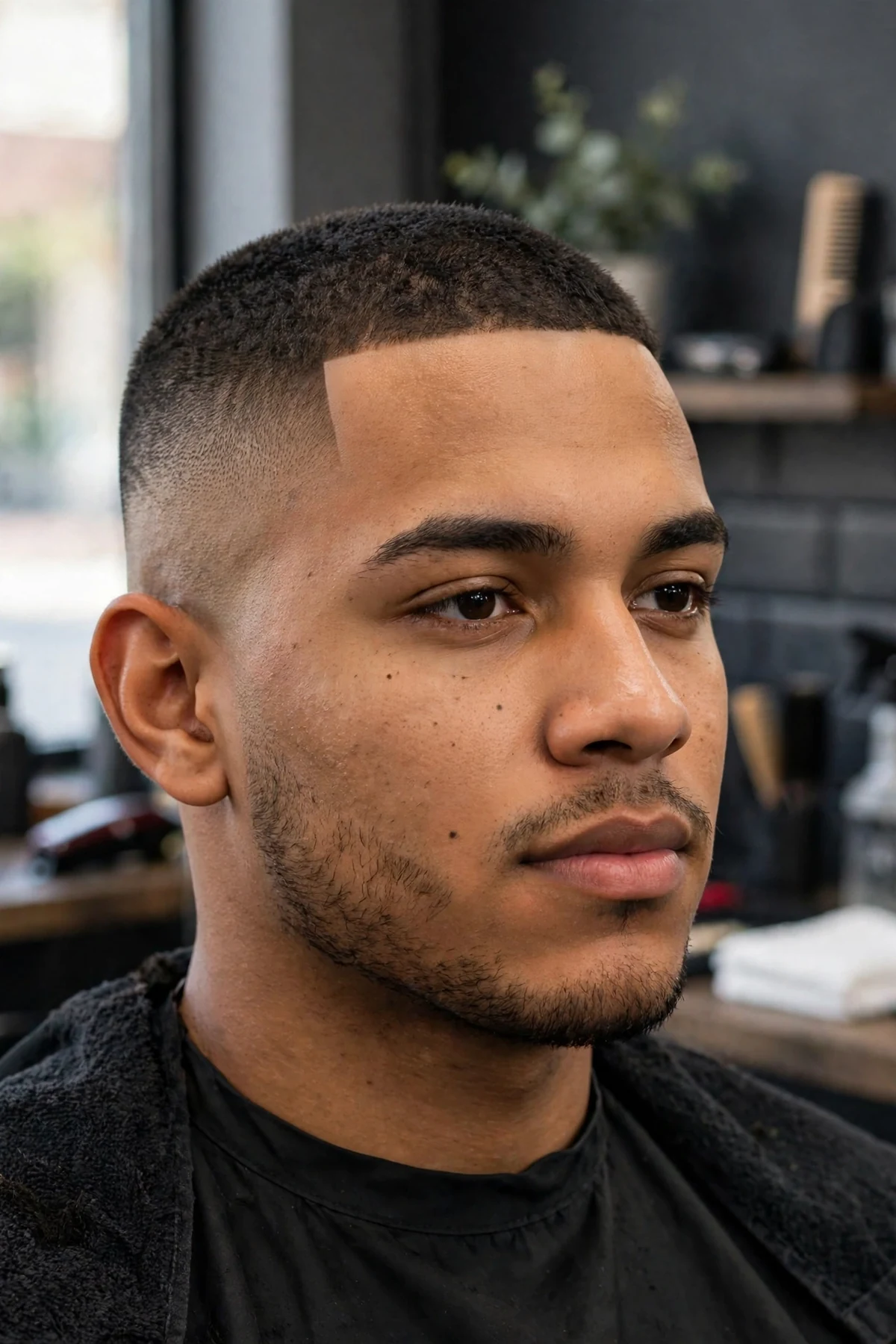 Bald fade haircut with fully shaved sides and crisp lineup