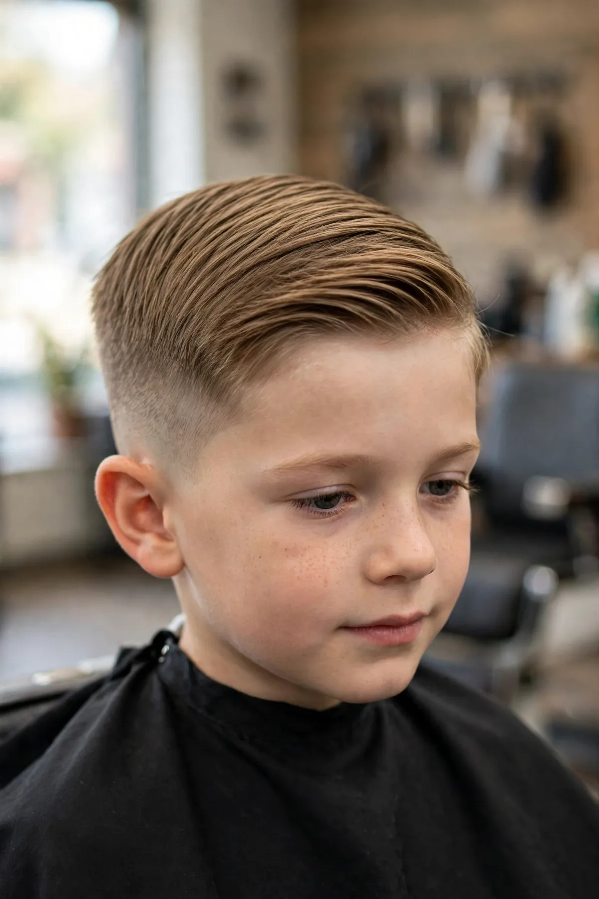 Young boy with an ivy league fade haircut for boys — neat short side-swept top with tapered fade sides