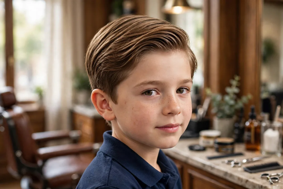 Photorealistic photo of a boy with a classic longer side part, hair neatly parted to one side with longer top layers and smooth tapered sides, sharp barbershop finish. A timeless longer haircut for boys.