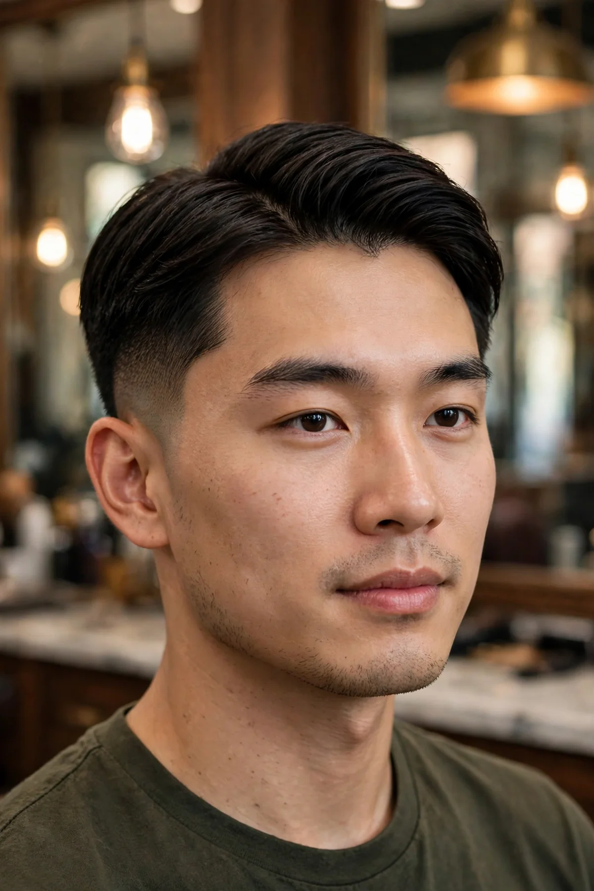 Ivy league low skin fade haircut on a man, side-parted short top with light length, low skin fade above the ears