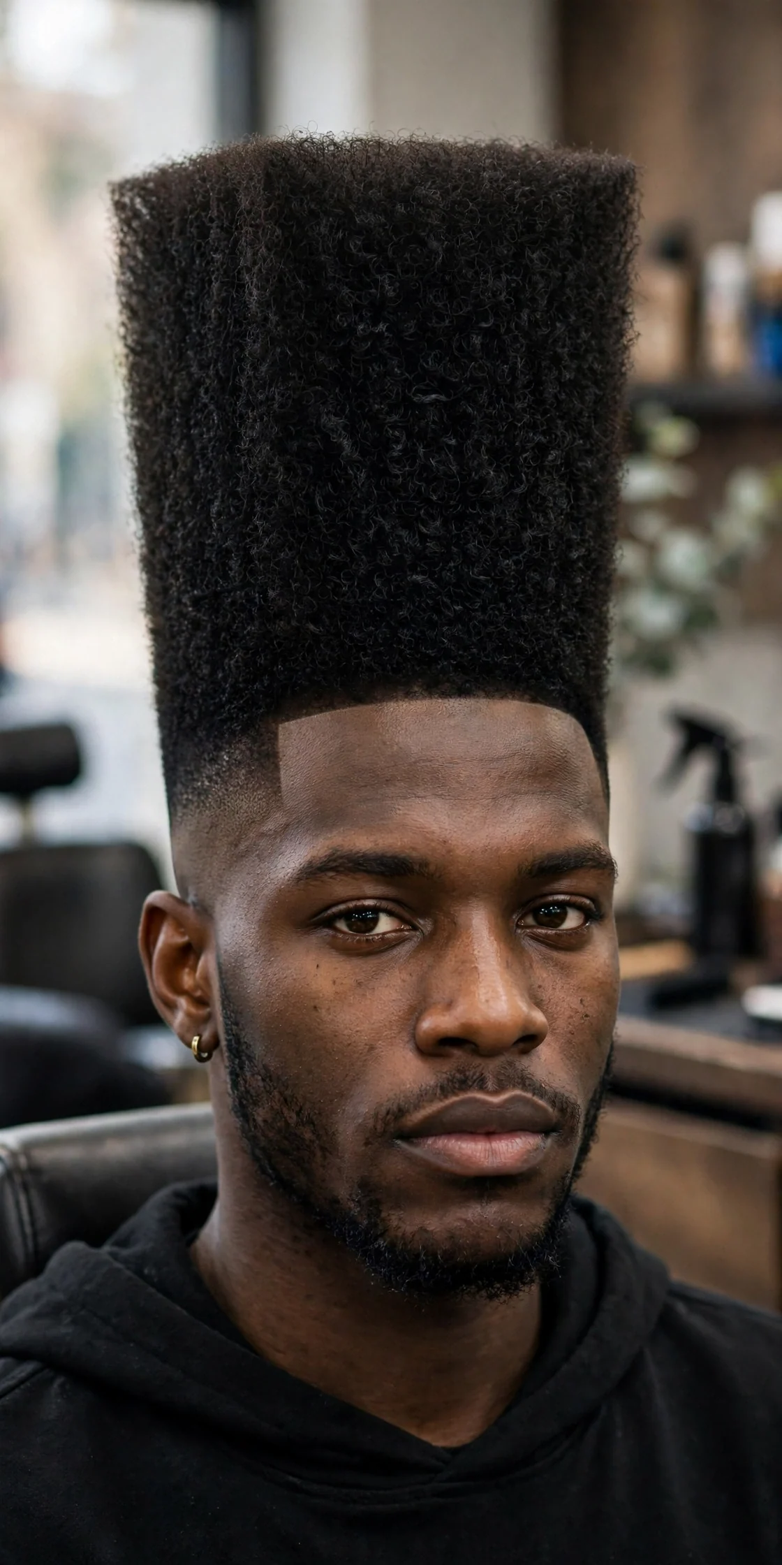 Extra tall high top haircut, dramatic 5-inch tall squared hair on top with tight faded sides, bold barbershop photo