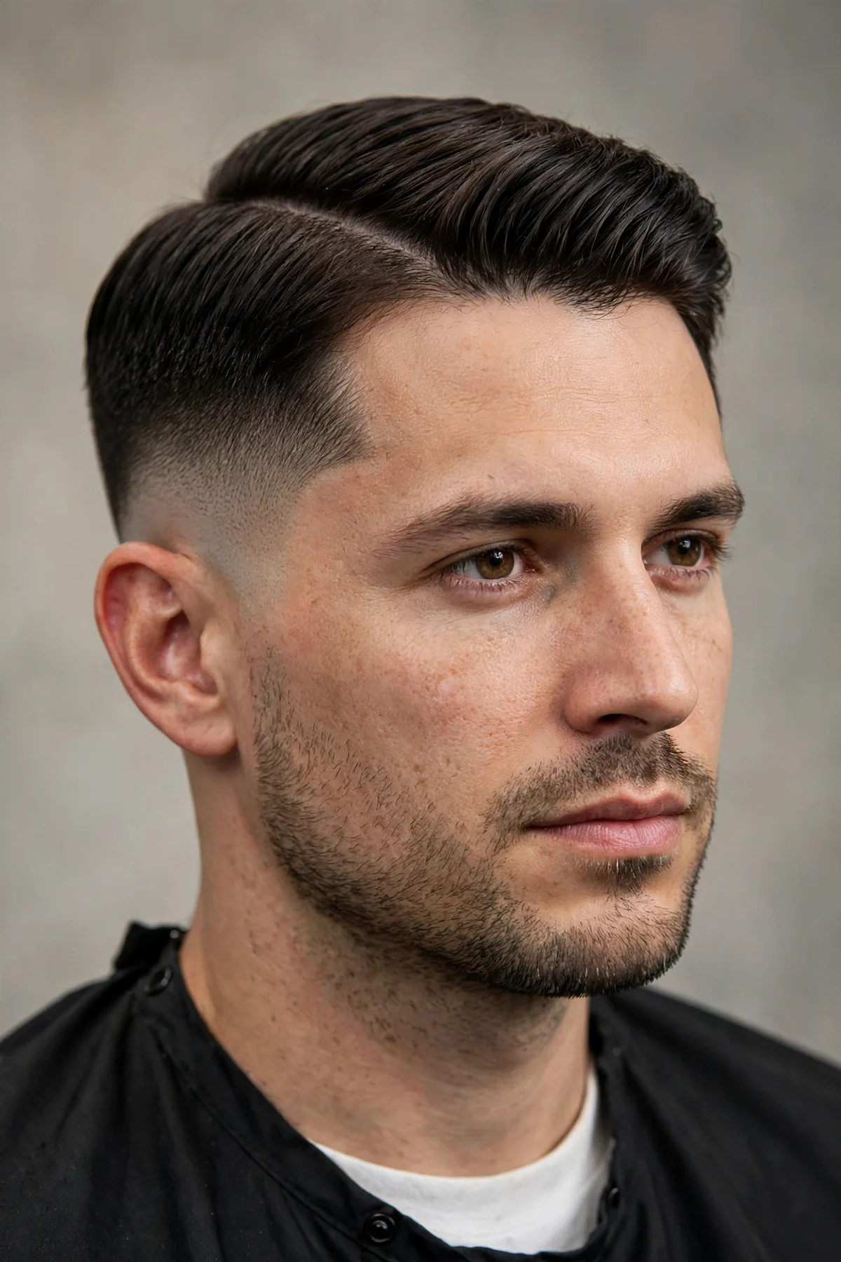 Mid drop fade haircut with classic side part on top, professional barber photo