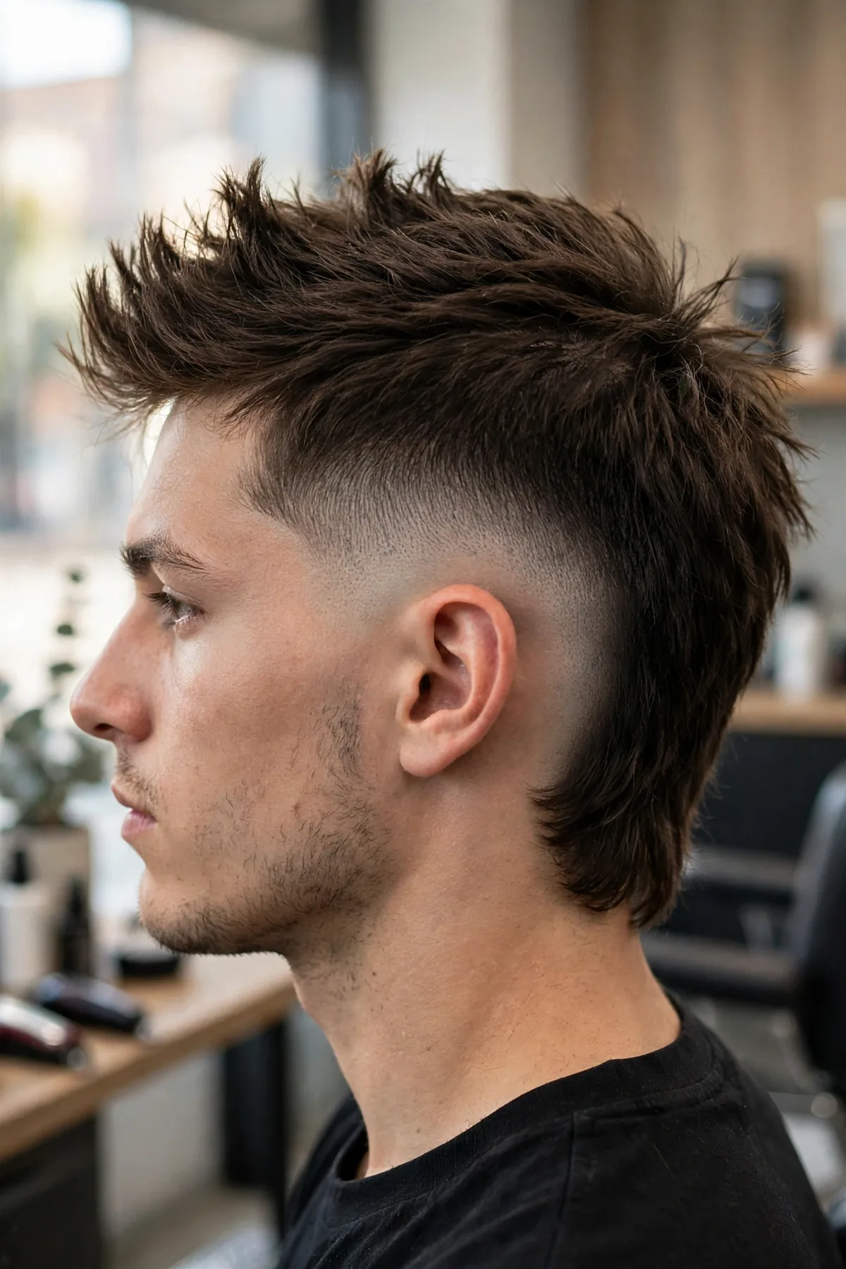 Burst shadow fade haircut with the fade bursting in a half-circle around the ear, stubble shadow radiating outward, mohawk-style textured top