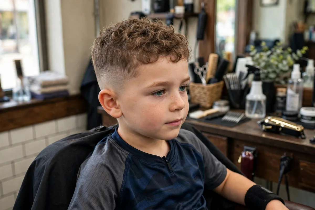 Low effort curly buzz cut on a young boy with short buzzed sides and curls on top