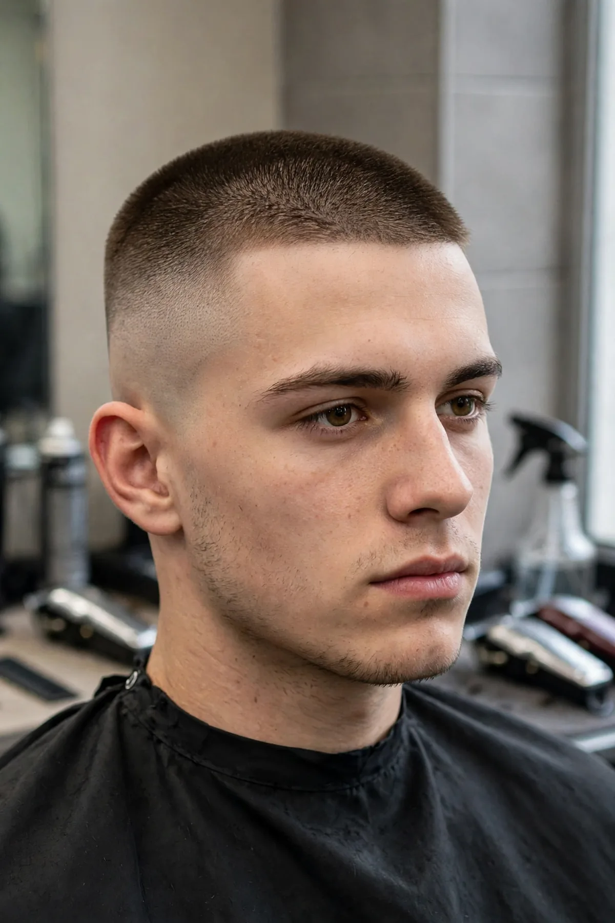 Military high skin fade haircut with a clean regulation top and crisp skin fade