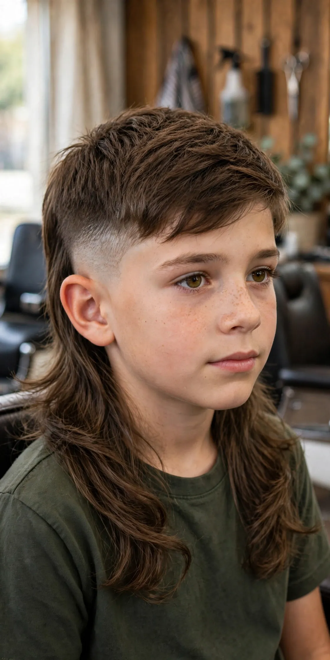 Low fade mullet boys haircut photo — subtle low fade on sides, 3-inch top, flowing back
