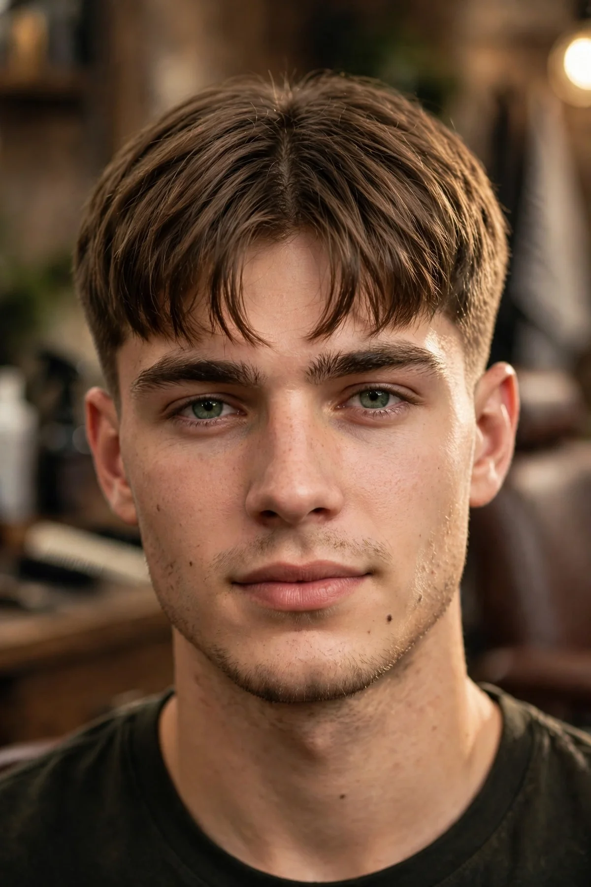 Short curtain bangs haircut for men with fringe at eyebrow level