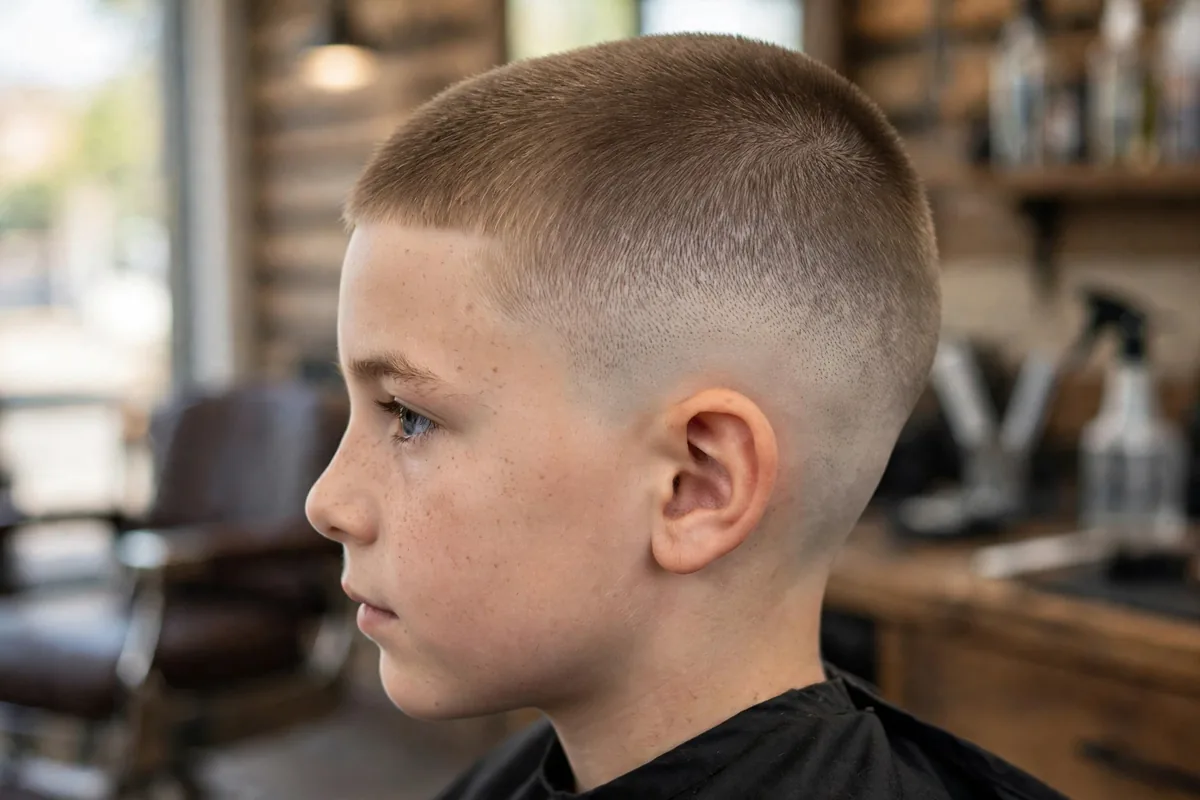 Buzz cut fade haircut for boys, very short even top blending into faded sides, low maintenance boys fade