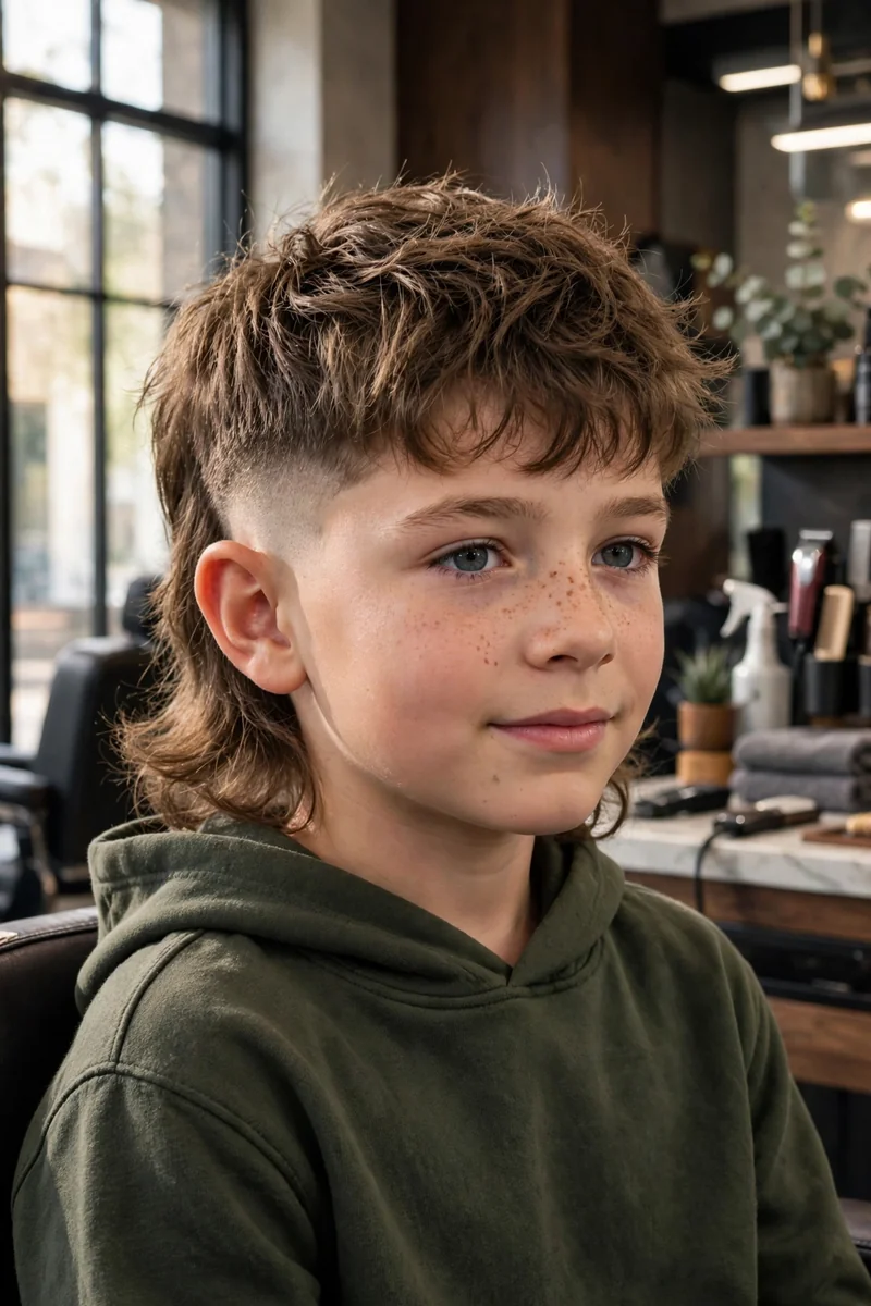 Boy with a kids mullet fade haircut — low fade on the sides, textured top, and flowing longer back