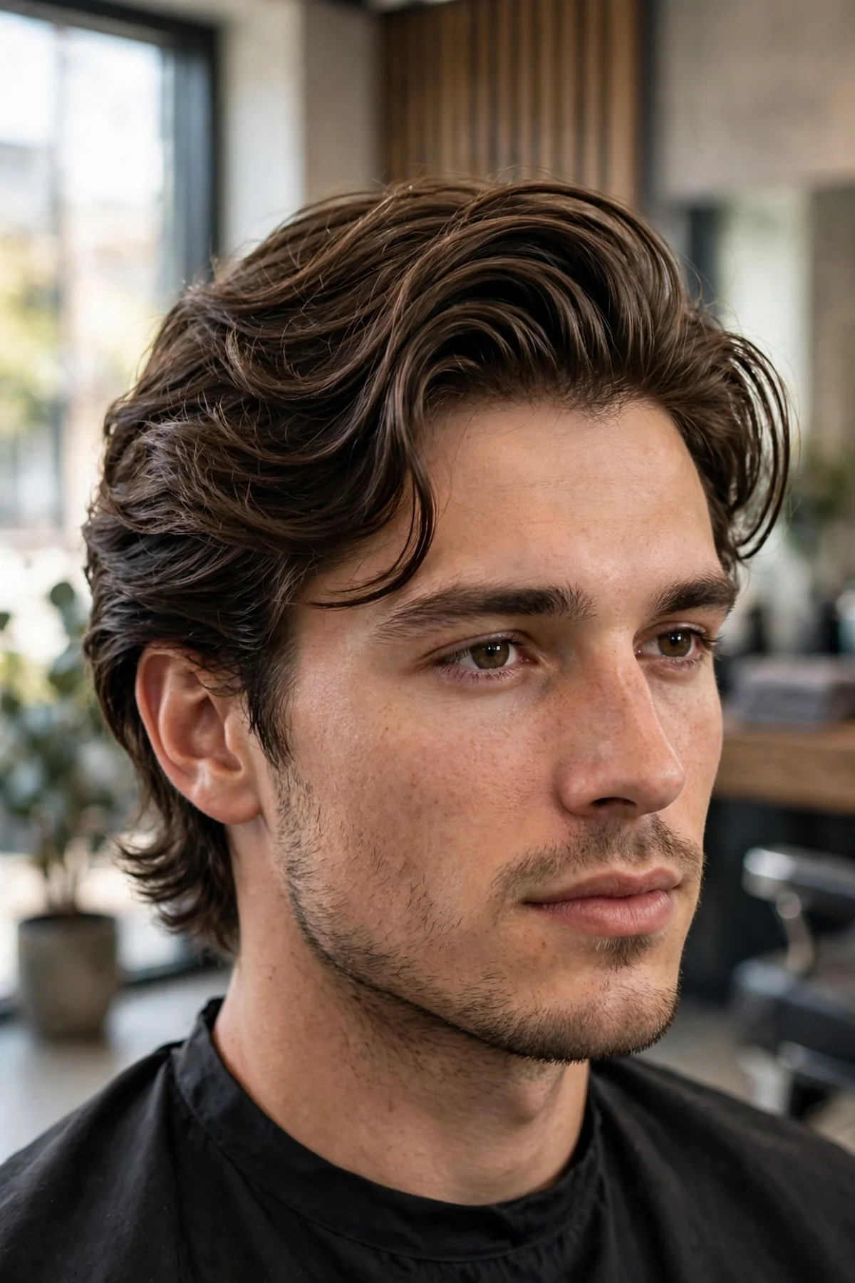 Wavy medium length flow haircut for men, natural waves with movement swept back