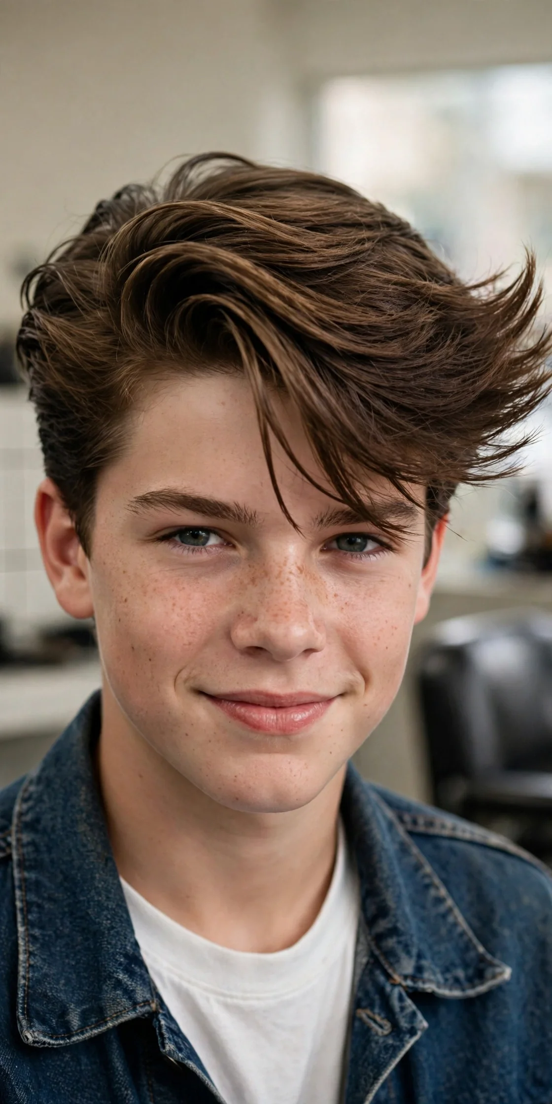 Teen with 90s side-swept bangs, longer top swept dramatically to one side, teen heartthrob style — 90s boy haircuts