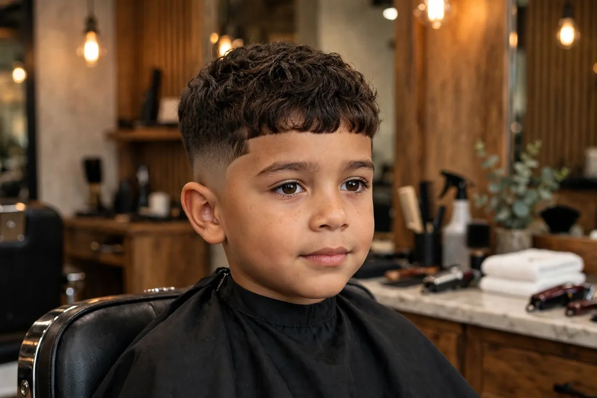 Little boy Caesar cut with mid fade, short horizontal fringe and mid fade sides, low maintenance kids fade haircut