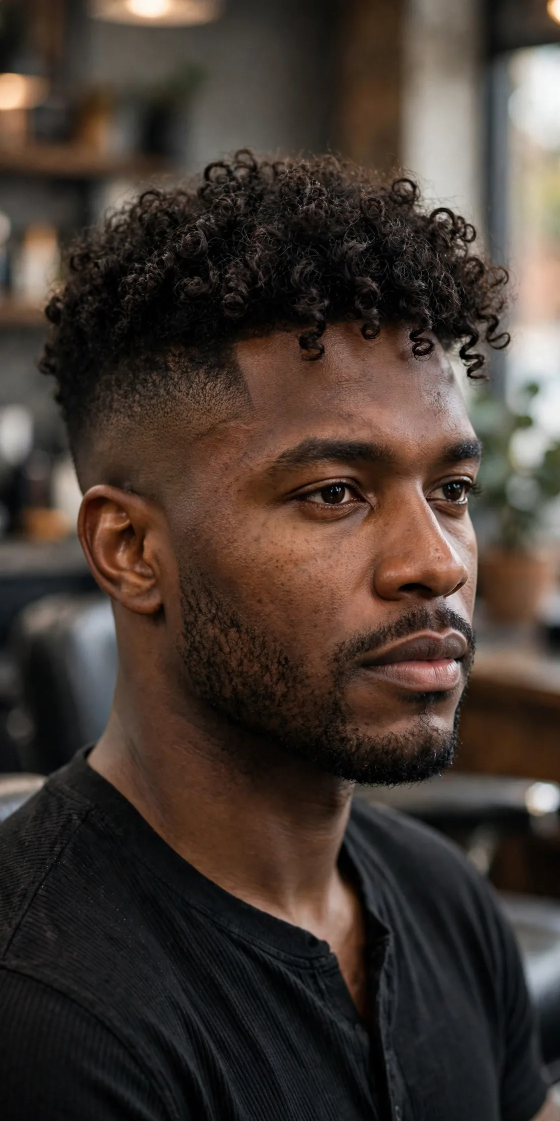 High fade with tight ringlets haircut, high fade above the temples with tight springy ringlet curls on top