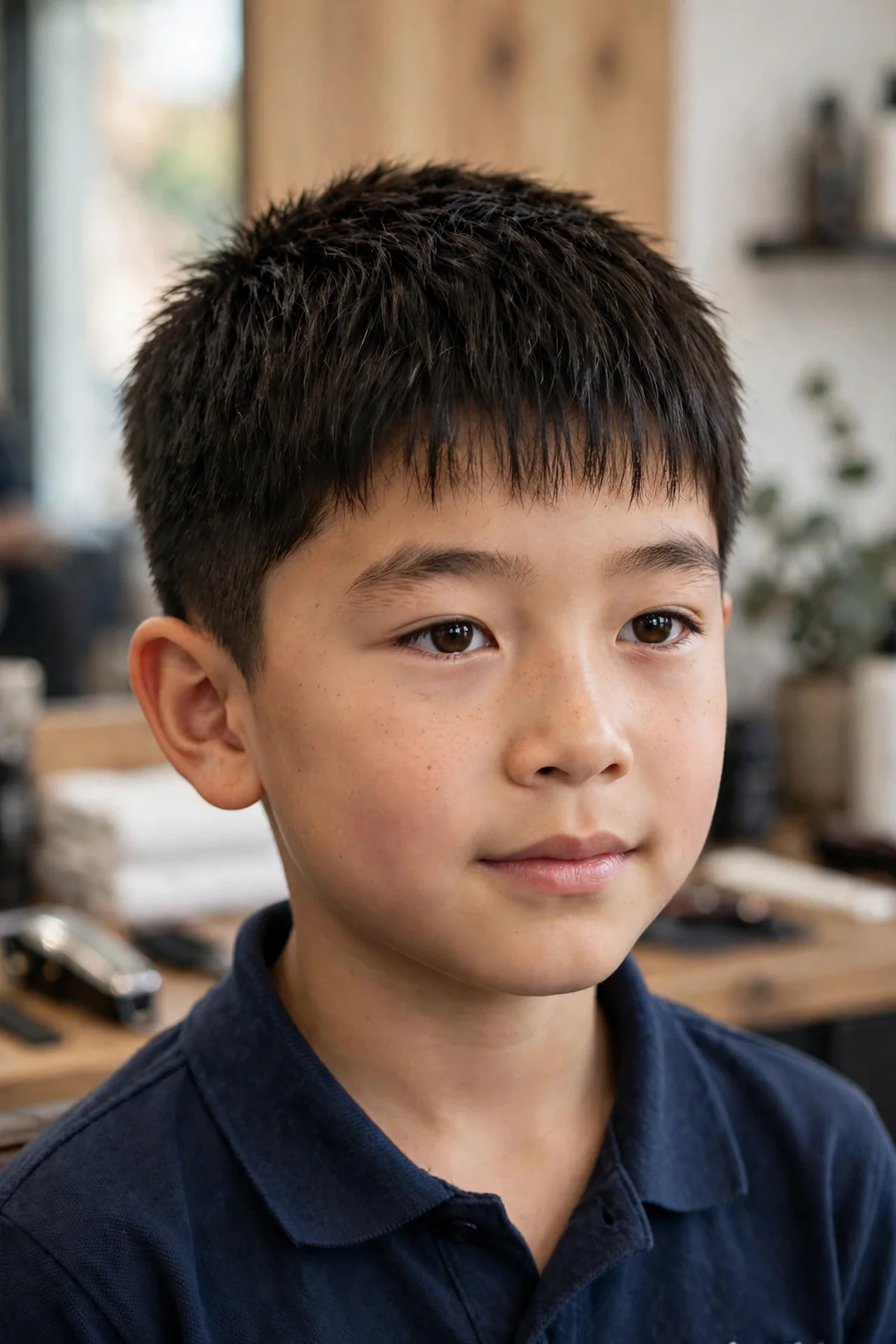 Young Asian boy with a short textured crop asian boy haircut, forward fringe and tidy sides
