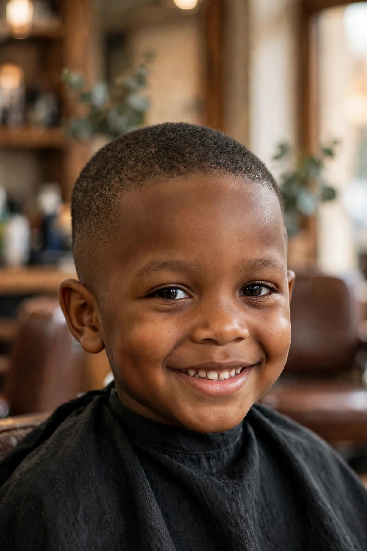 Black boy about 5 years old with a short buzz cut and a subtle low taper at the neckline and sideburns