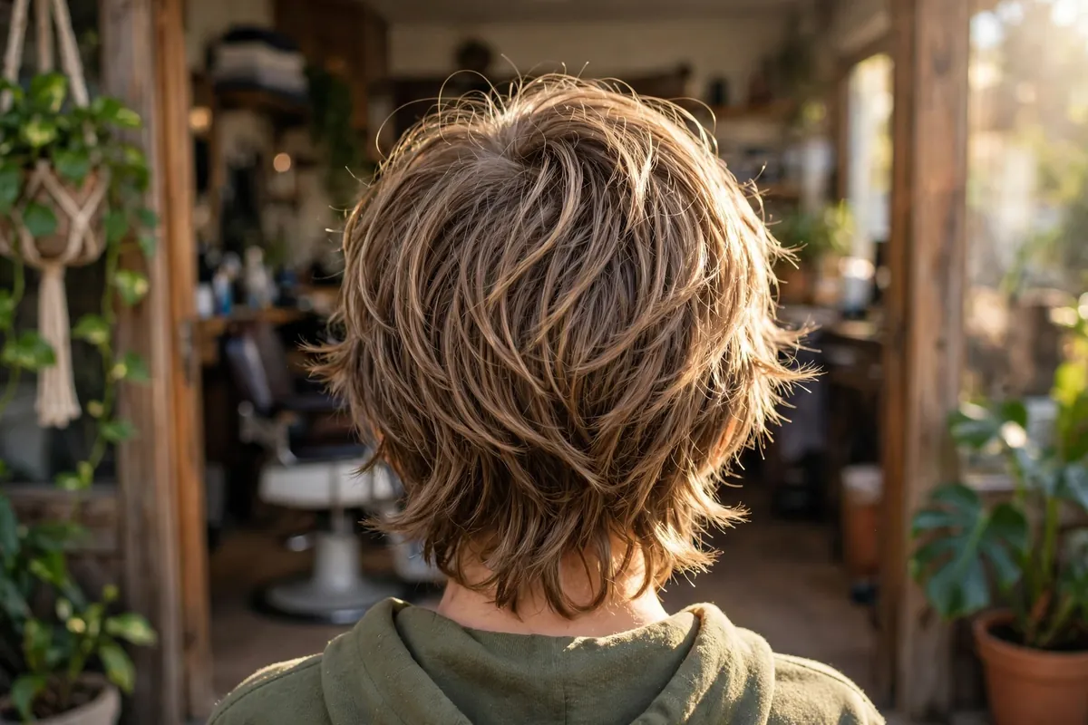 Boy with a layered shaggy haircut, long visible layers from crown to nape with lots of movement