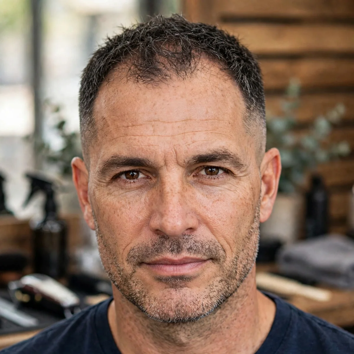 Textured crew cut on a man with thinning hair, short classic haircut for balding men