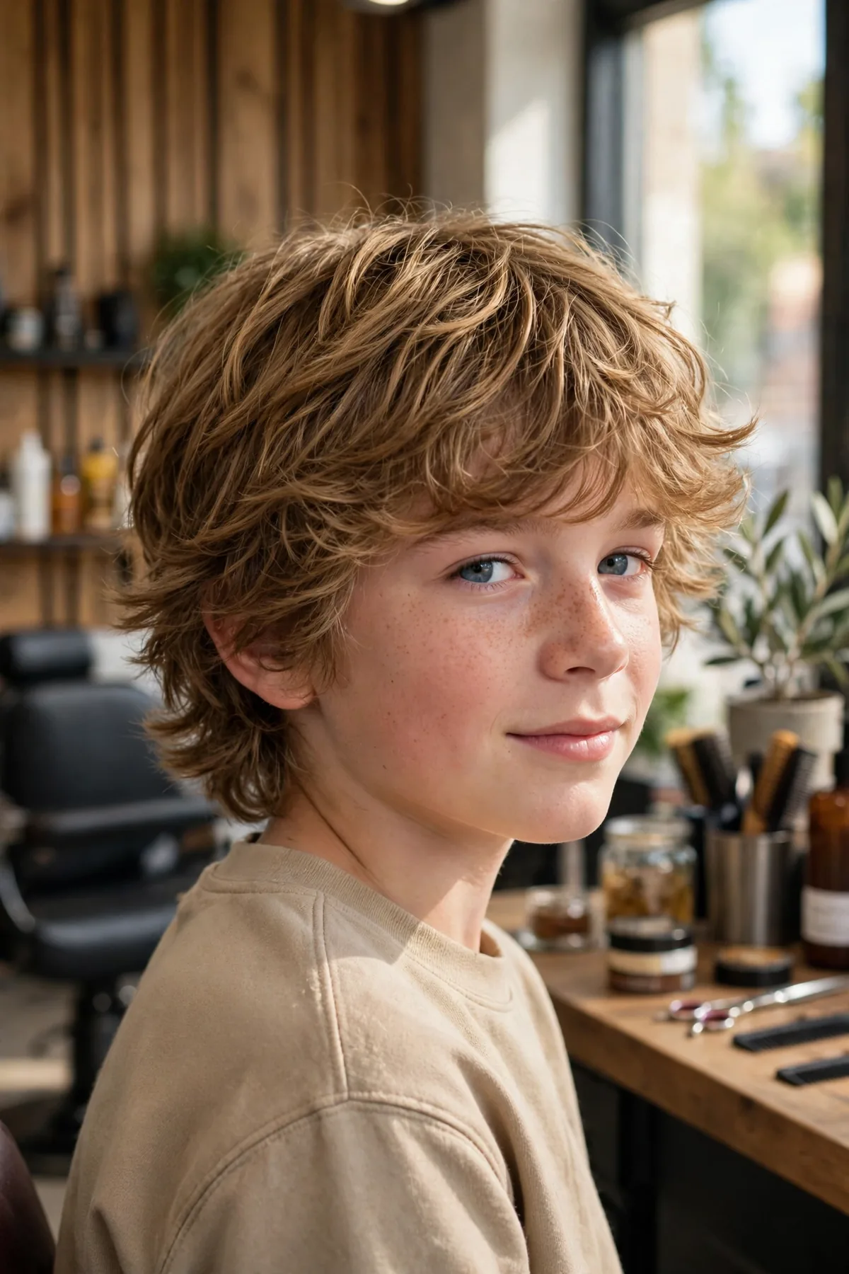 Photorealistic photo of a boy with a surfer shag haircut, sun-kissed layered waves falling around the ears with lots of texture, beachy barbershop finish. A laid-back longer boy haircut with natural movement.