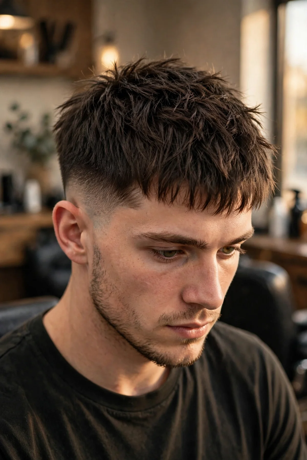 Textured crop low skin fade haircut with choppy point-cut ends, matte finish, low fade blending down to bare skin