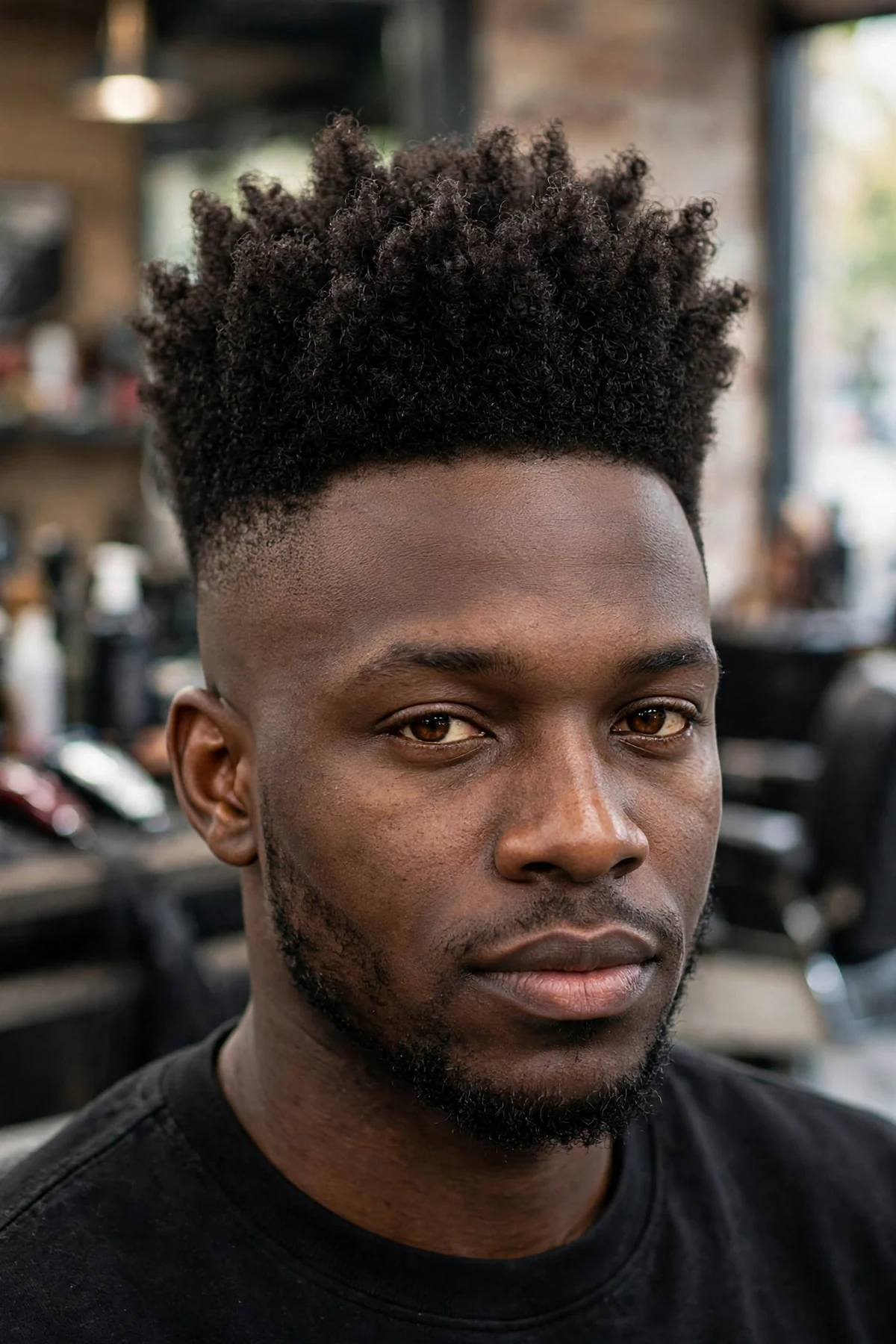 High top haircut with a skin fade, tall coily hair on top with sides faded down to bare skin, crisp barbershop photo
