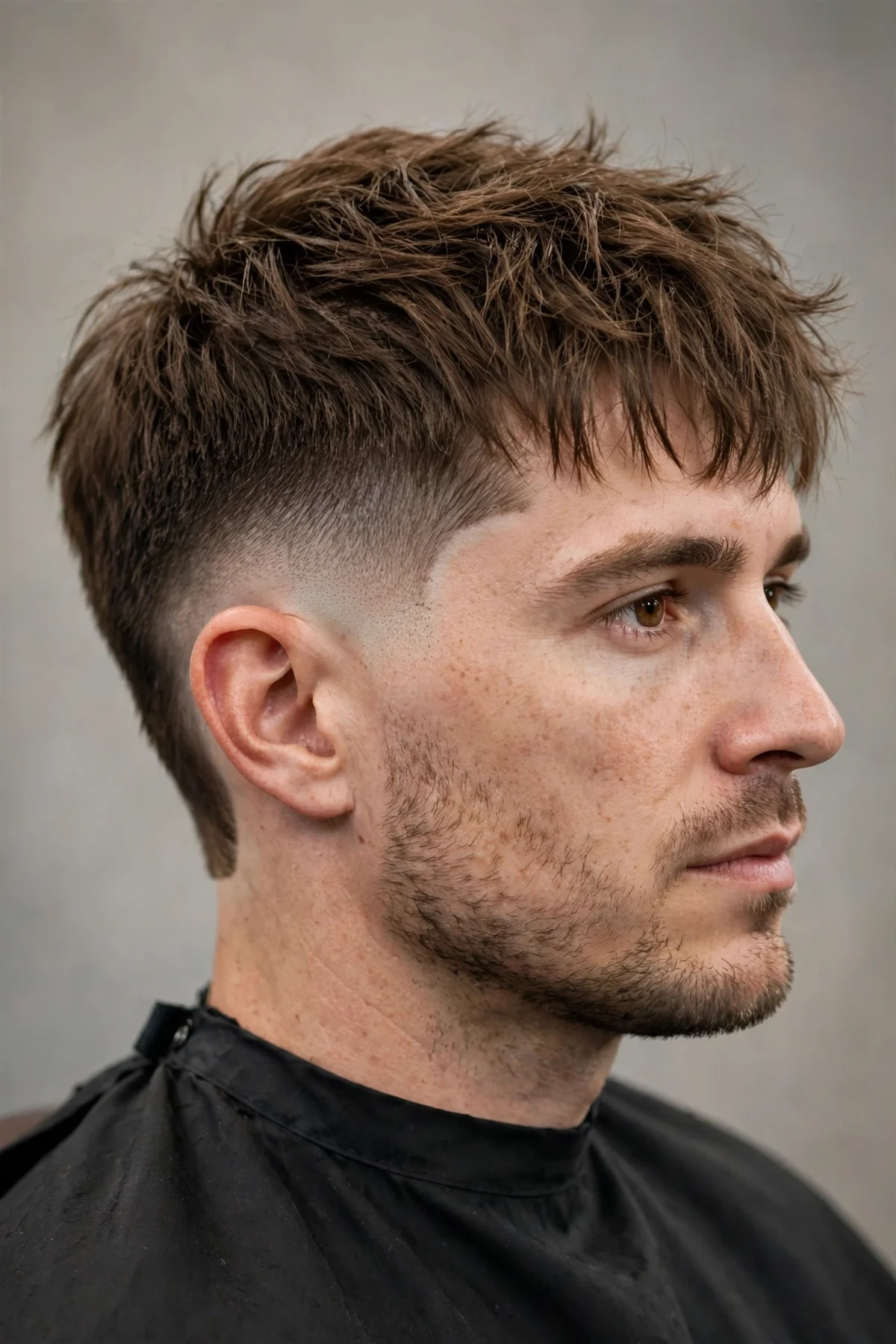 Textured crop with mid drop fade haircut, messy fringe barbershop photo