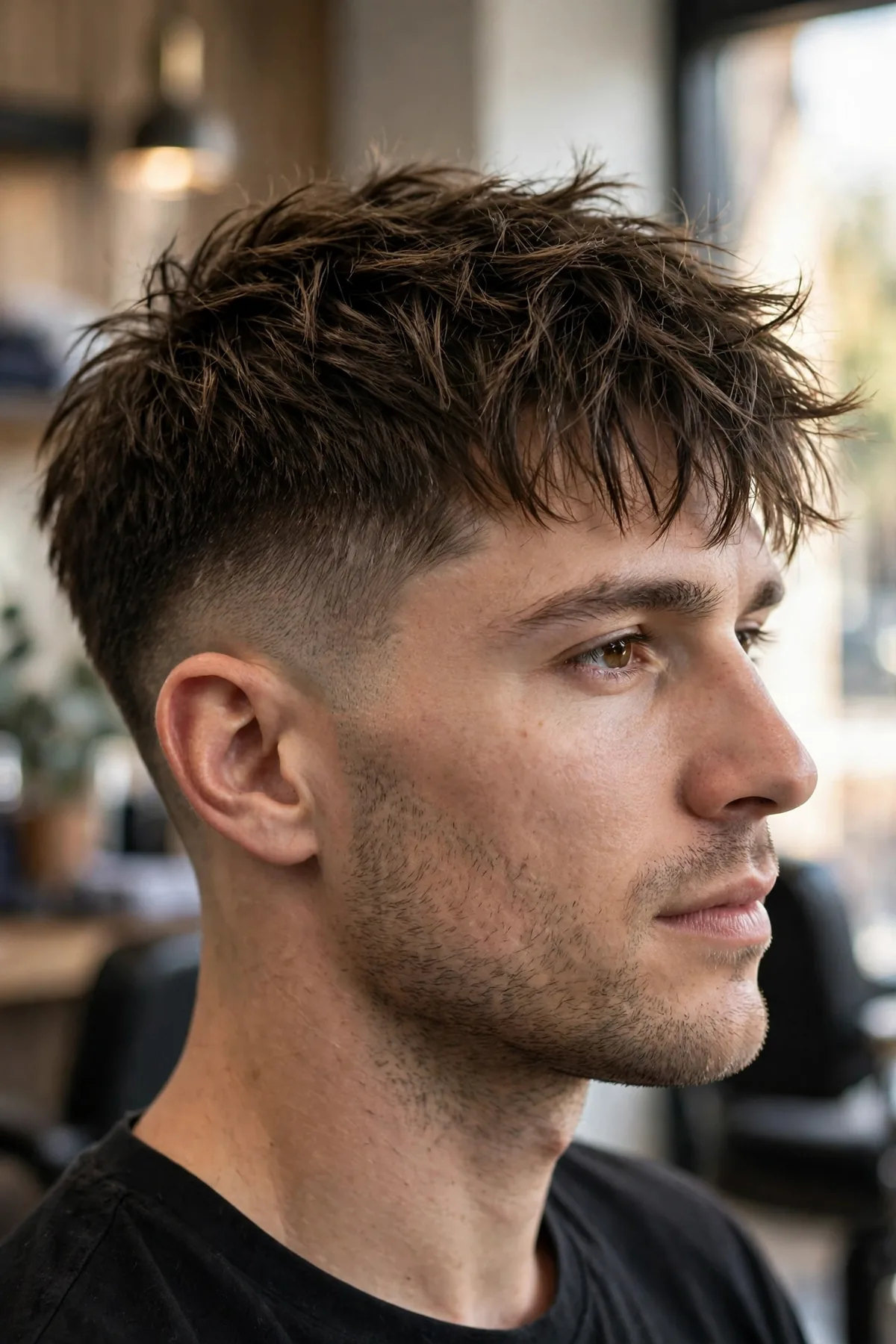 Textured crop with shadow fade for men, choppy layered fringe on top, soft stubble gradient at the sides, modern barbershop look