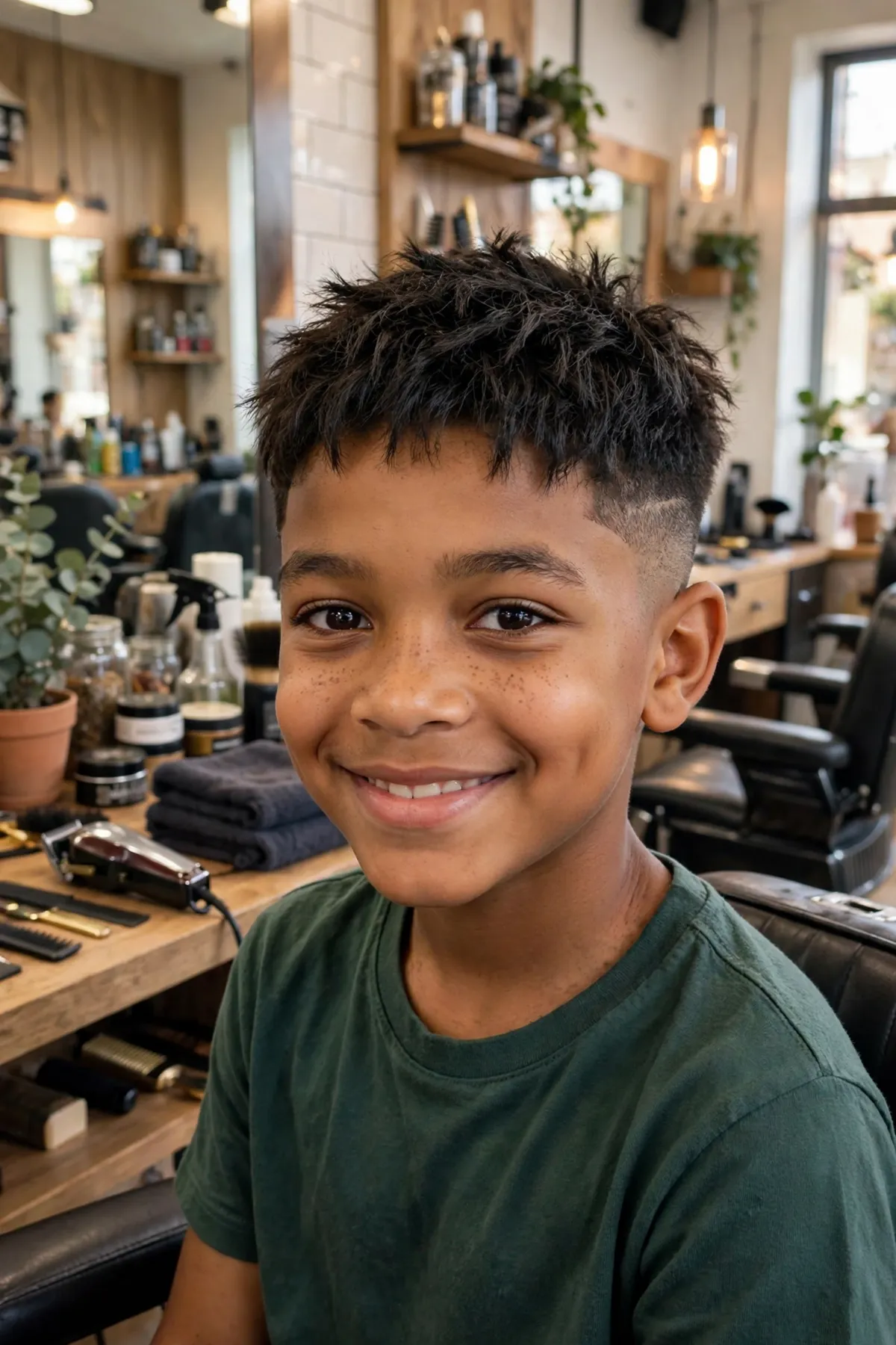 Boy with a textured crop haircut, choppy layers on top with faded sides, a popular kids haircut for boys