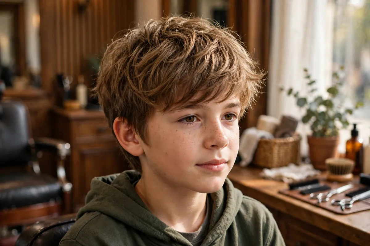 Boy with choppy textured shag haircut, feathered layers, edgy cool look