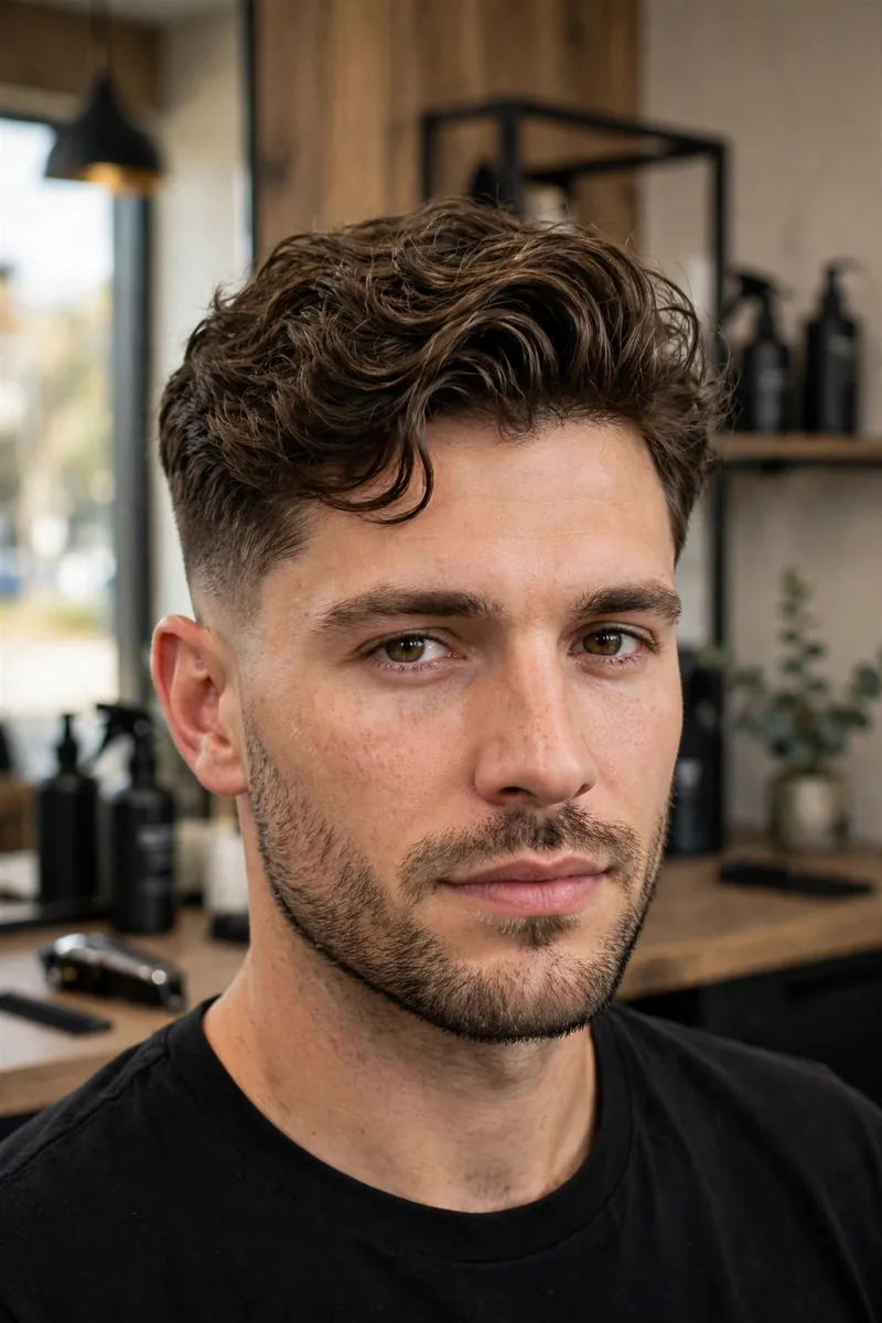 Mid fade with wavy top for men — crisp mid fade sides with voluminous wavy hair on top