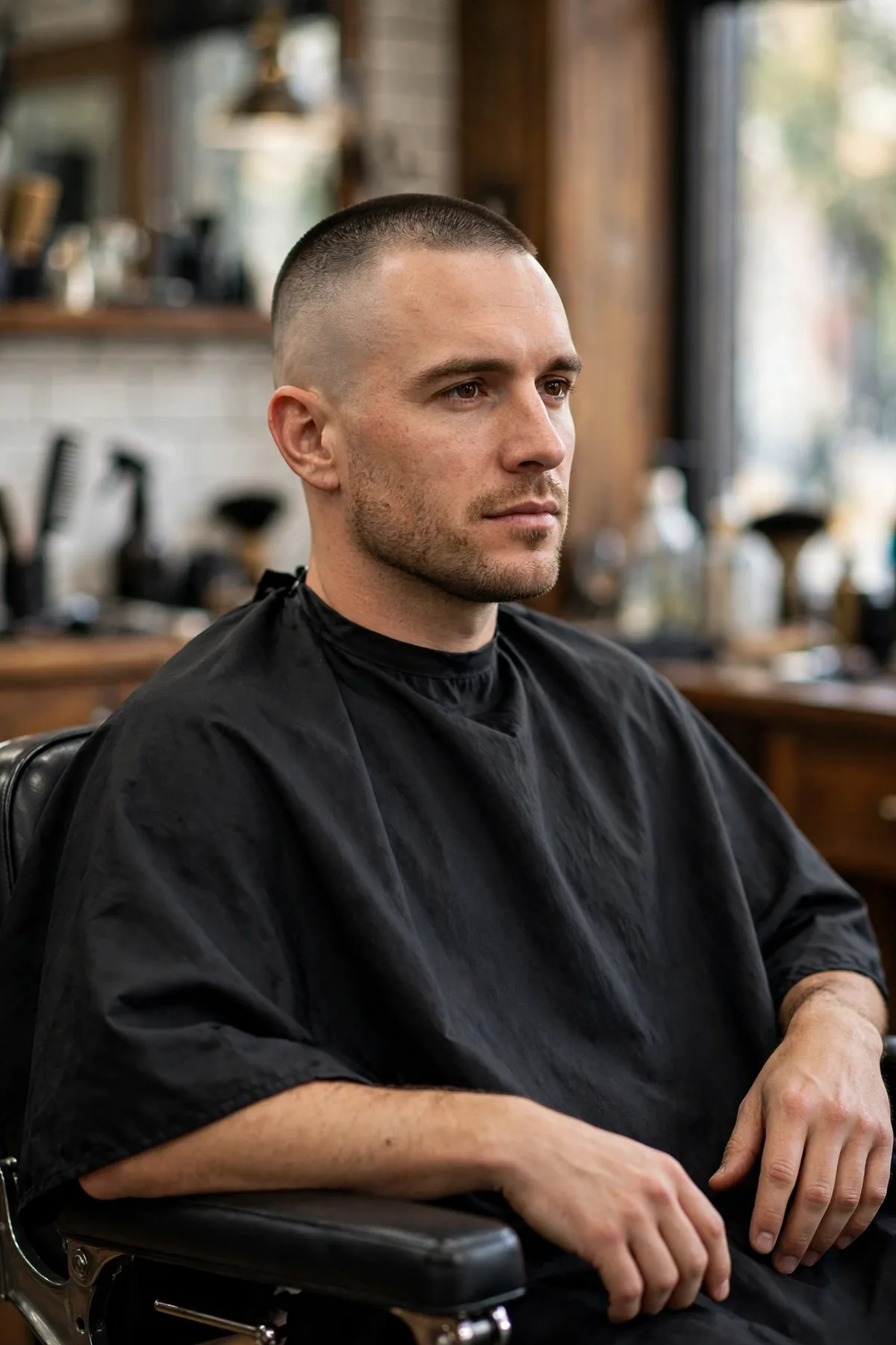 High and tight with shaved sides very short haircut for men — skin shaved sides, longer top