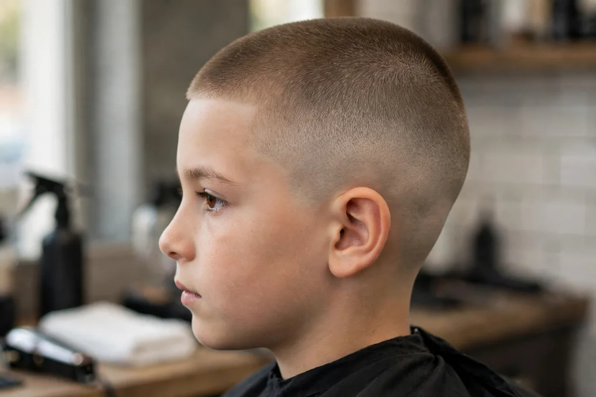 High and tight fade haircut for boys, military style very short top with high faded sides