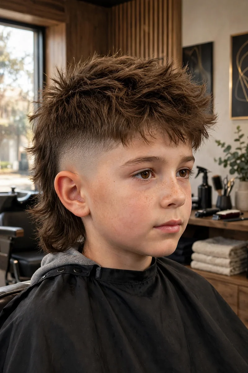 Boy with a burst fade kids mullet haircut — burst fade curving around the ear, textured top, longer back
