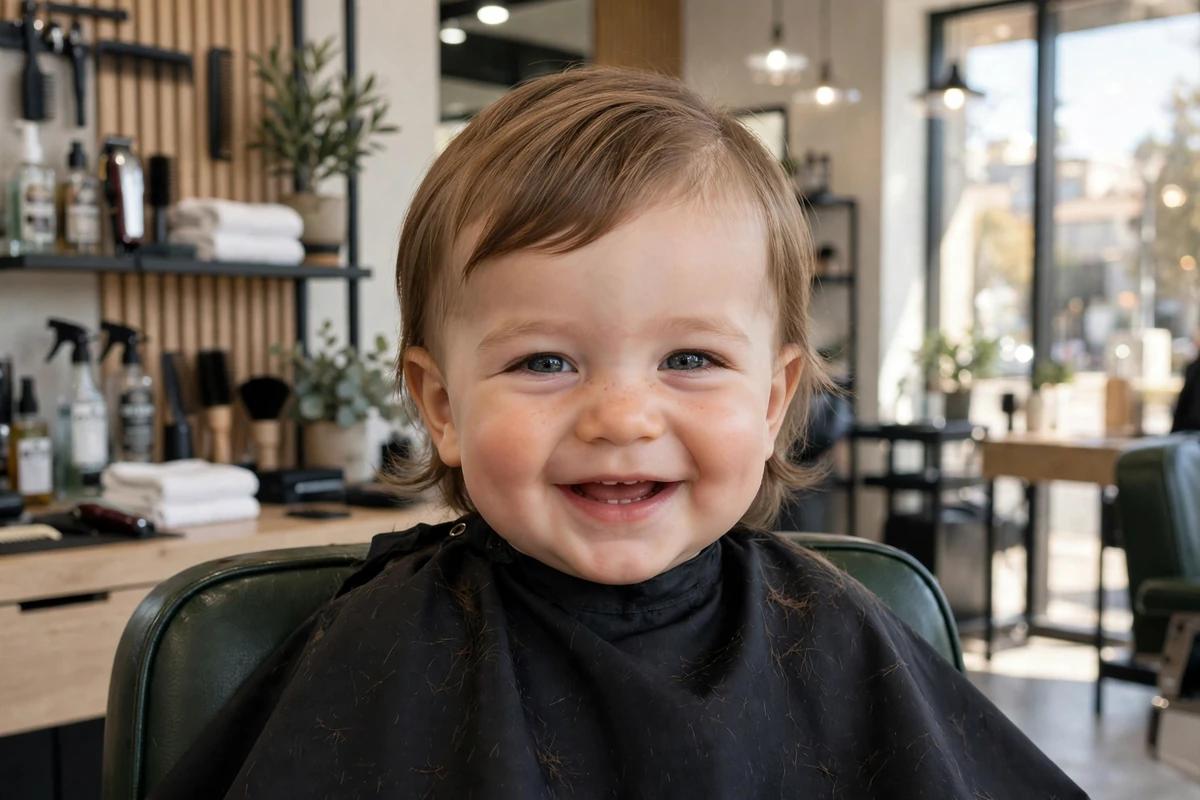 Baby boy with a short curtain haircut, center part baby boy hairstyle
