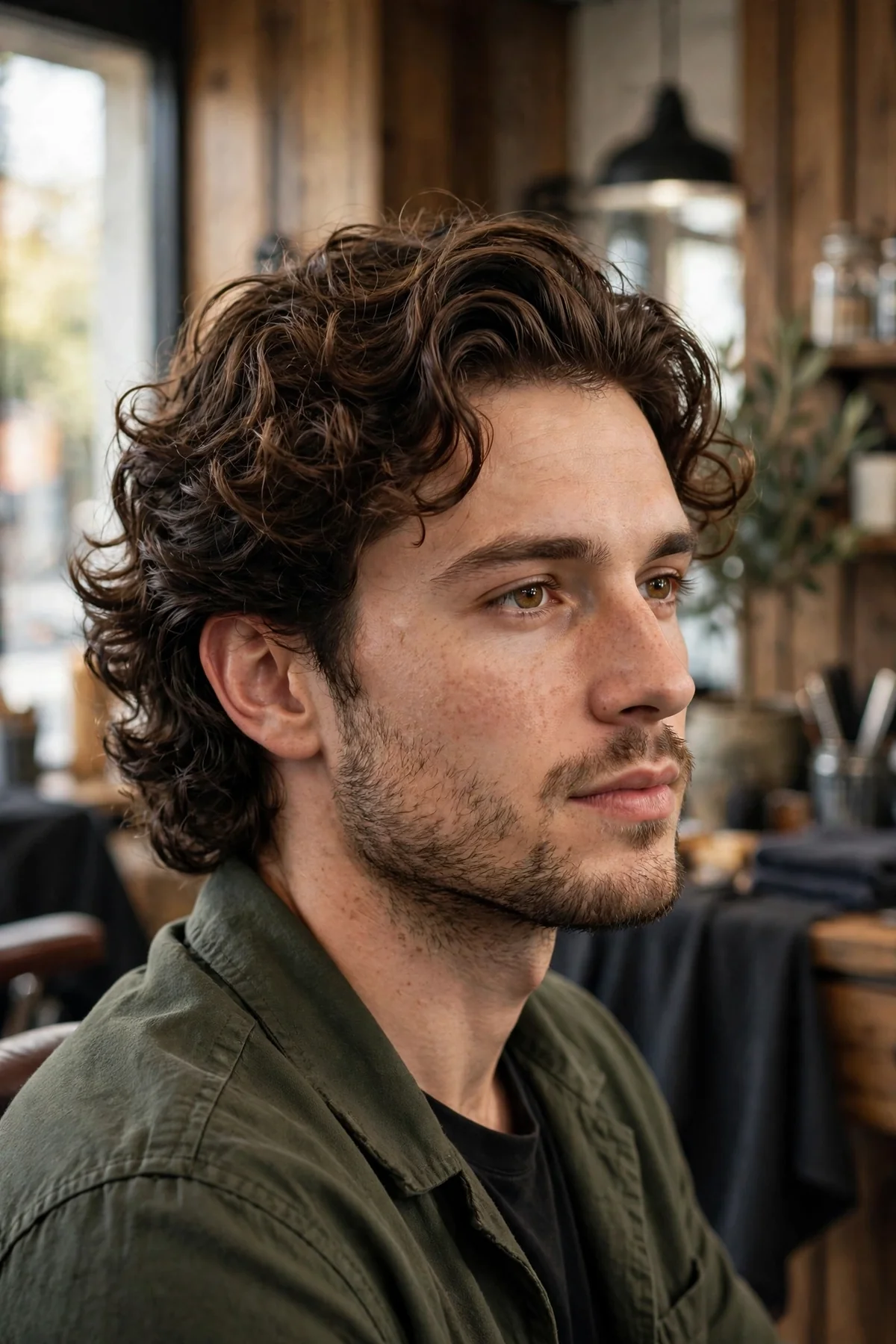 Curly medium length flow haircut, defined curls swept back with volume