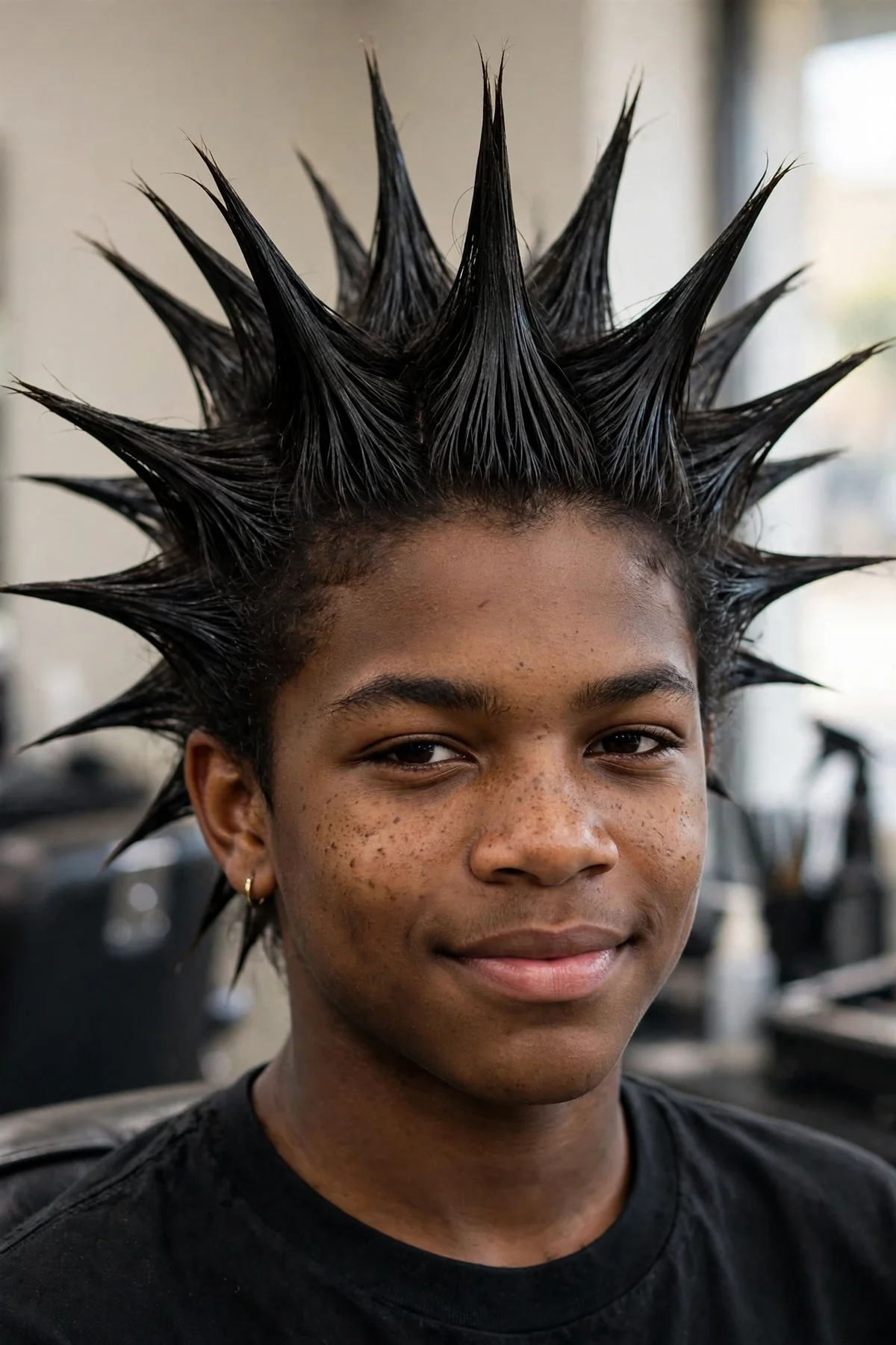 Teen with dramatic 90s gelled liberty spikes, tall pointed spikes, bold late-90s statement — 90s boy haircuts